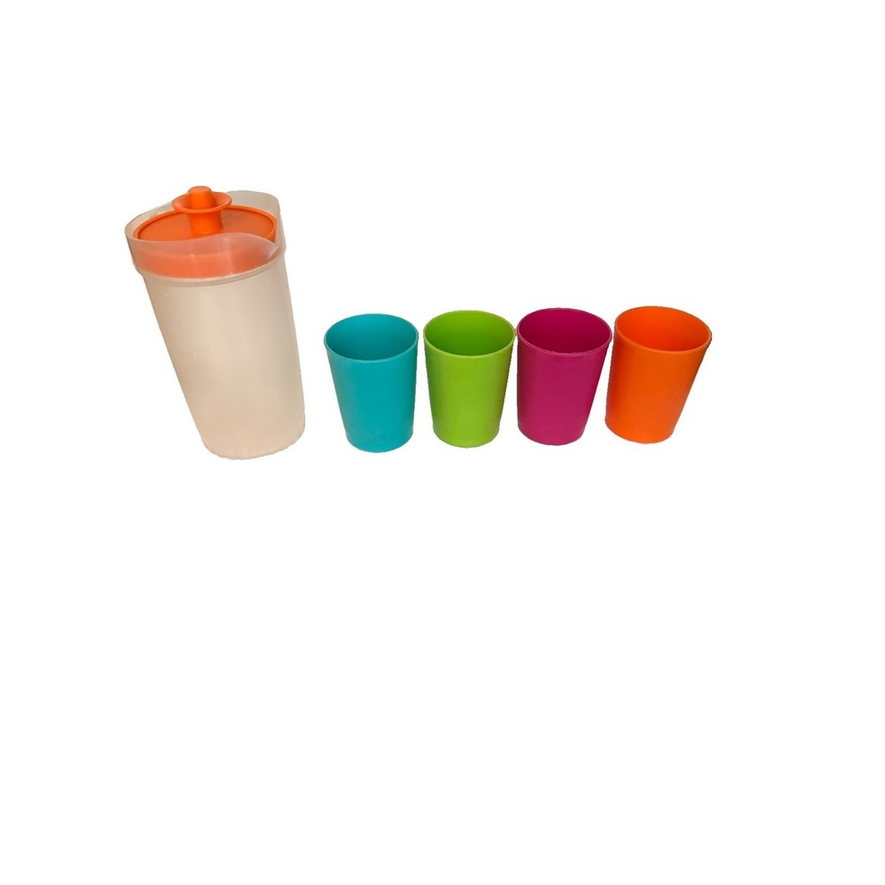 Tupperware Play Set of Mini Kids Colorful Tumblers has Push Button Pitcher